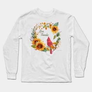 Cardinal on Sunflower Wreath Long Sleeve T-Shirt